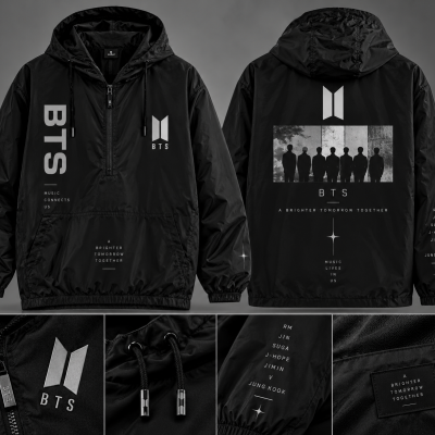 BTS-inspired black hooded windbreaker/anorak jacket.