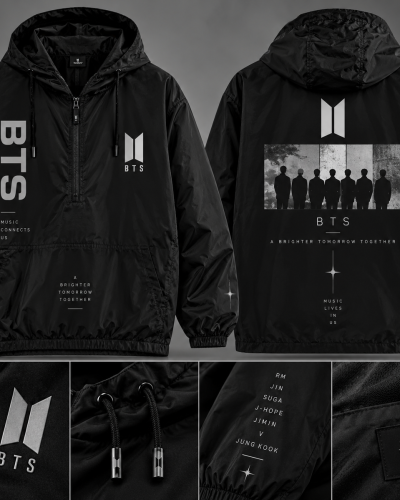 BTS-inspired black hooded windbreaker/anorak jacket.