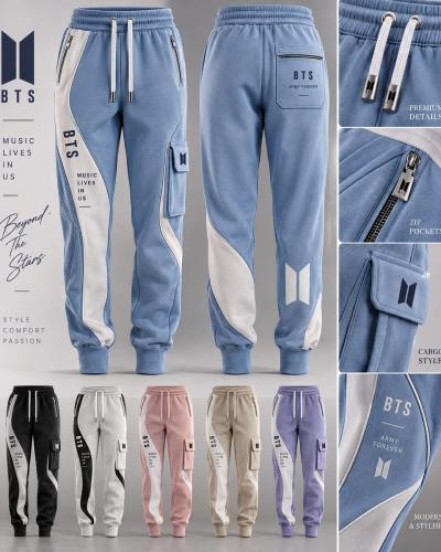 BTS-inspired blue graphic cargo jogger pants