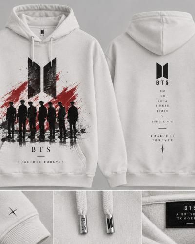 BTS-inspired white graphic pullover hoodie